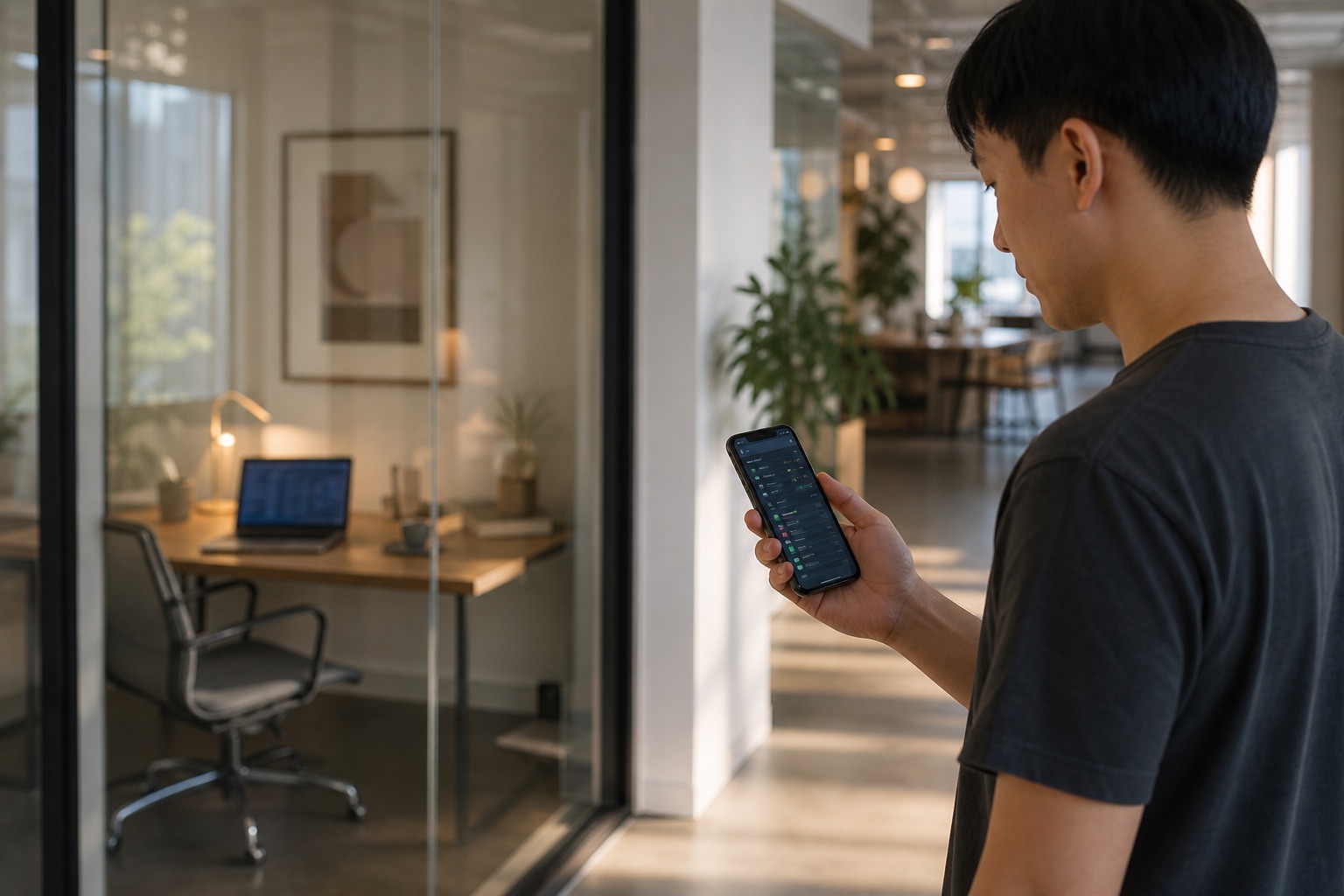 A person checking a phone while an open laptop keeps running on a desk behind glass